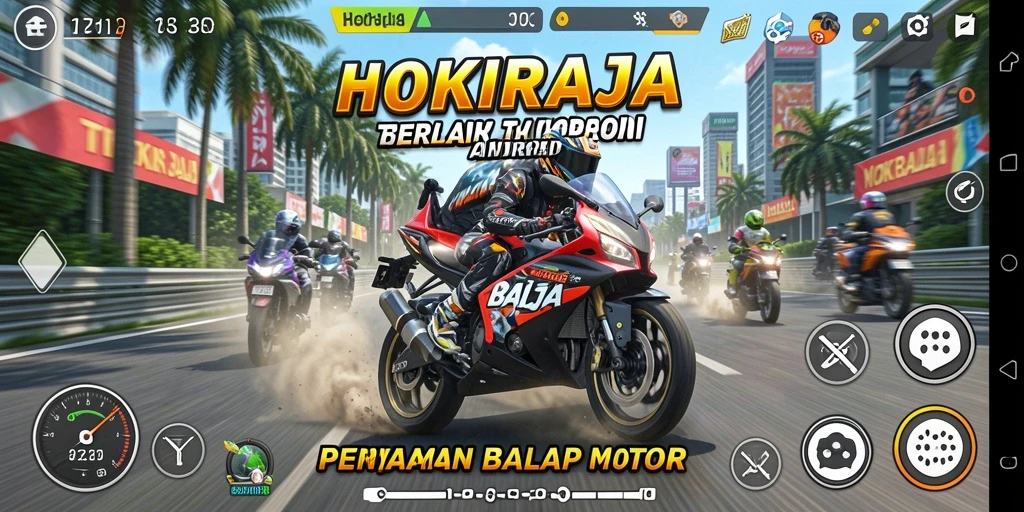 Tampilan gameplay HOKIRAJA dengan aksi balap motor yang mendebarkan.