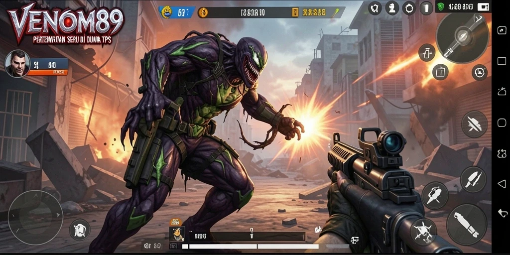 Tampilan gameplay mendebarkan dari VENOM889 dalam aksi TPS.